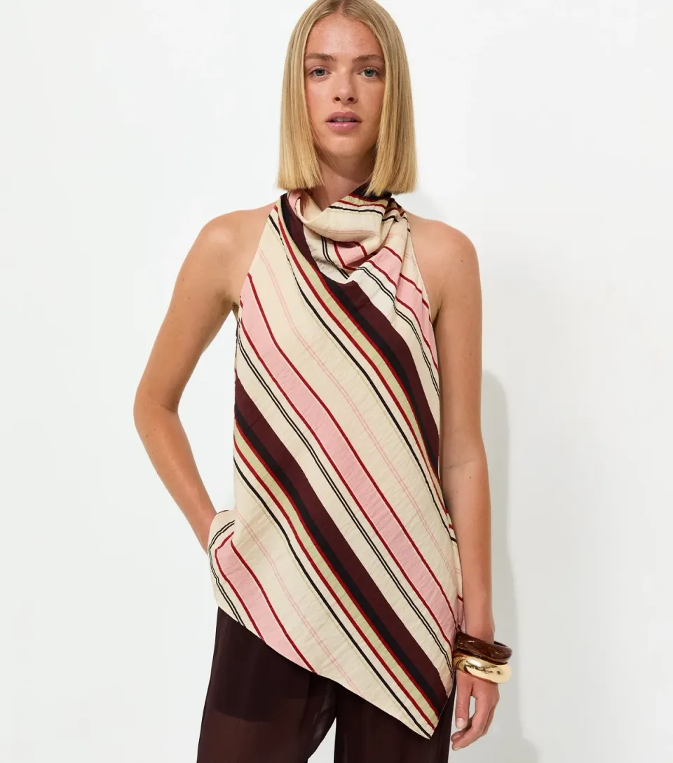 Women's Pink Crinkle Texture Diagonal Stripe Cowl Neck Halter Top
