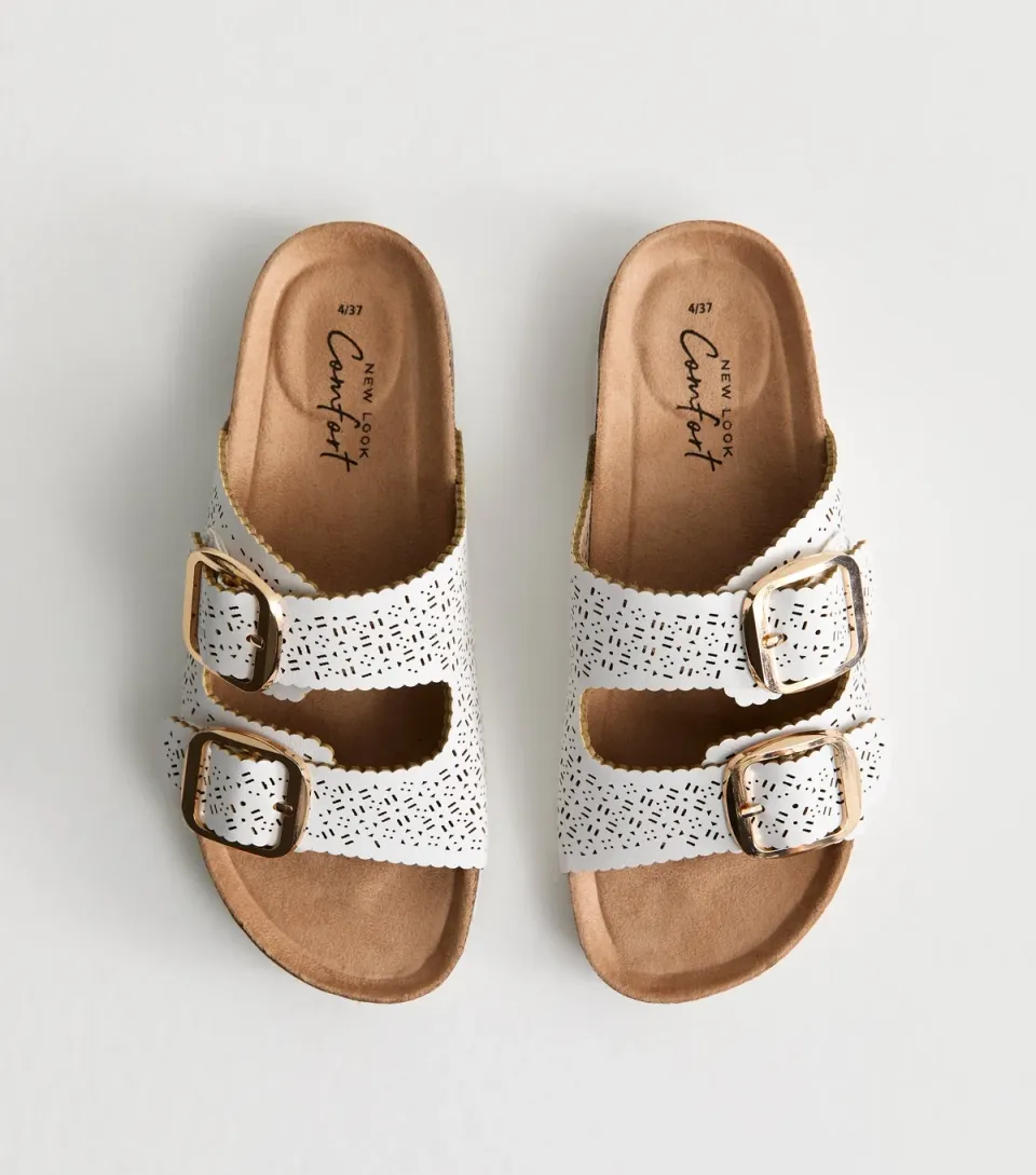 Women's White Lazer Cut Faux Leather Sandals Vegan