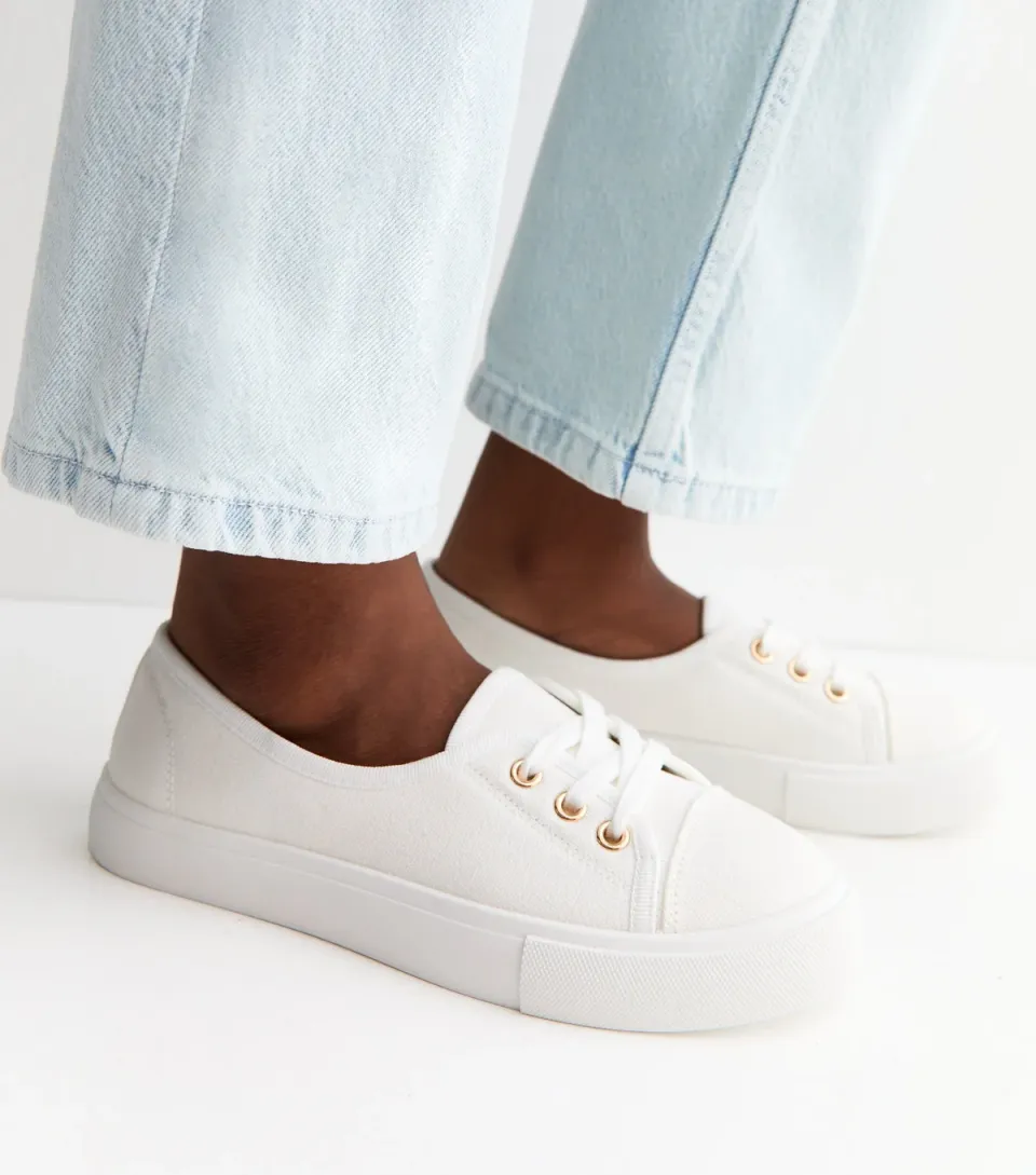 Women's White Canvas Half Lace Up Trainers Vegan