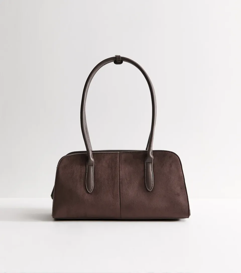 Dark Brown Faux Leather and Suede Shoulder Bag