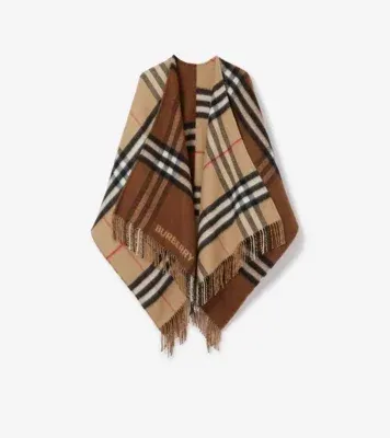 Contrast Check Wool Cashmere Cape in Archive beige/dark birch brown