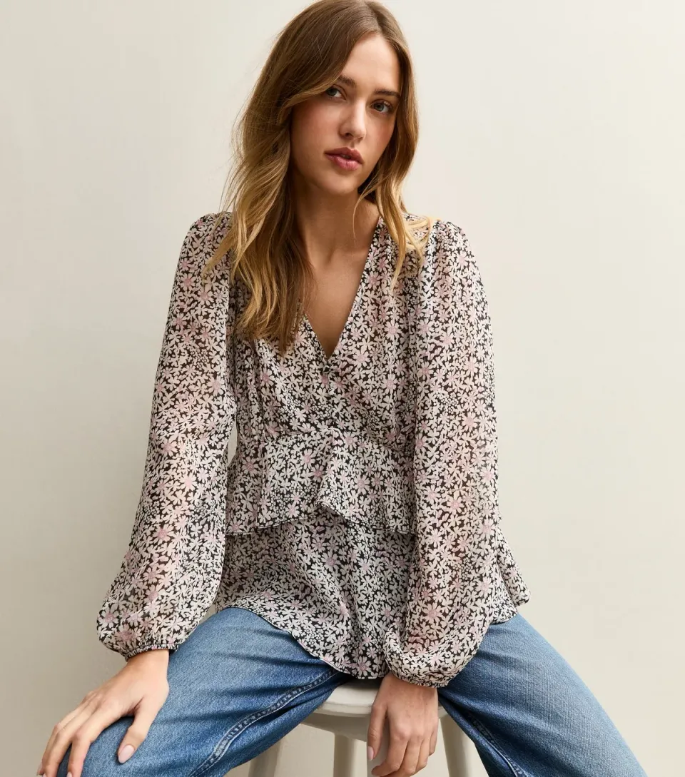 Women's Pink Daisy V- Neck Sheer Chiffon Tea Blouse