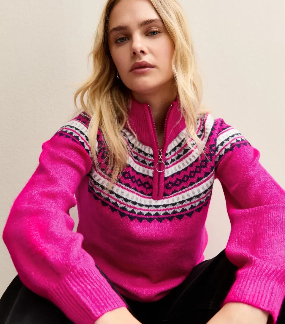 Women's Bright Pink Fair Isle Quarter Zip Jumper