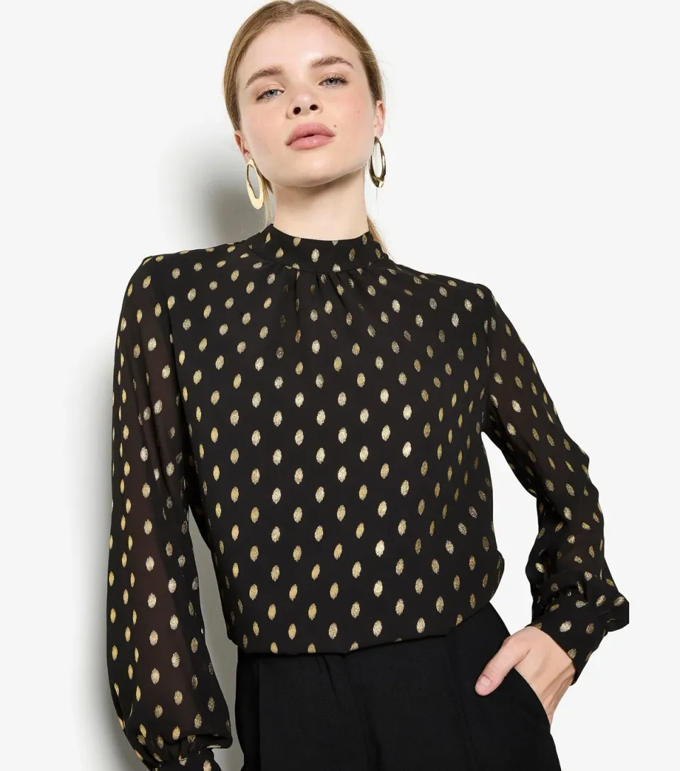 Women's Black Foil Print High Neck Top