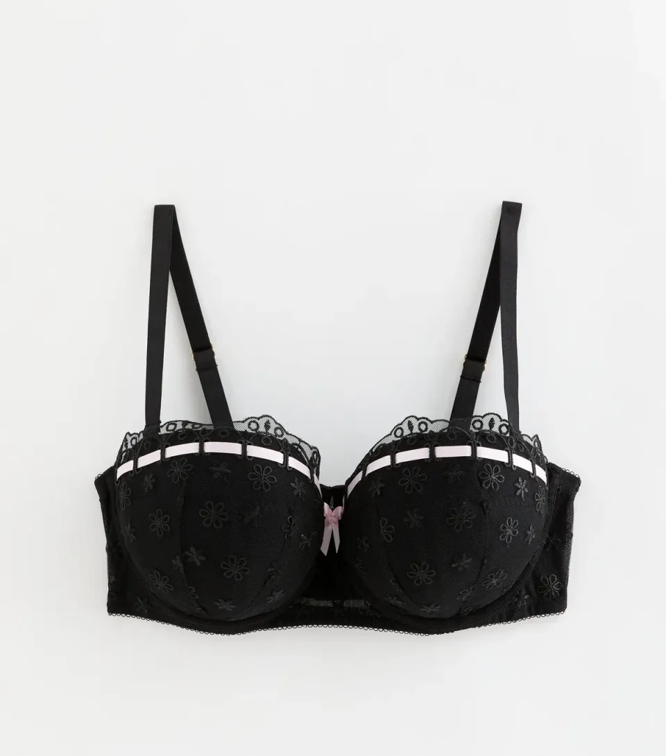 Women's Black DD+ Ribbon Embroidered Balcony Bra