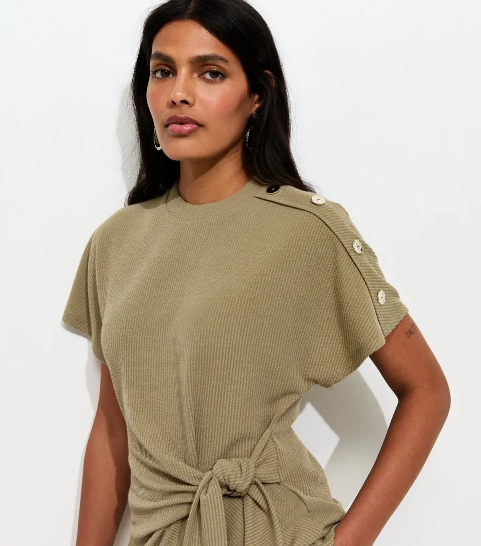 Women's Light Khaki Ribbed Texture Button Detail Side Tie Top