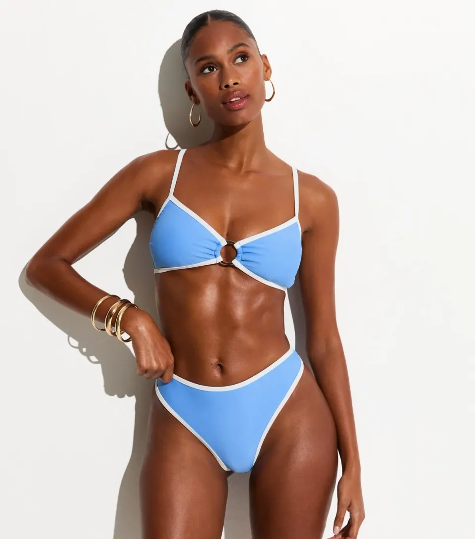 Women's Light Blue Contrast Hem High Leg Hipster Bikini Bottoms