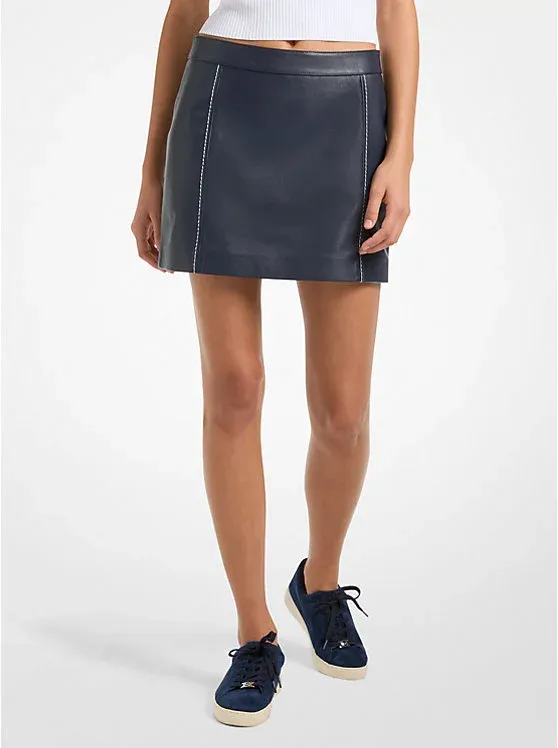 Contrast-Trim Leather Mini Skirt