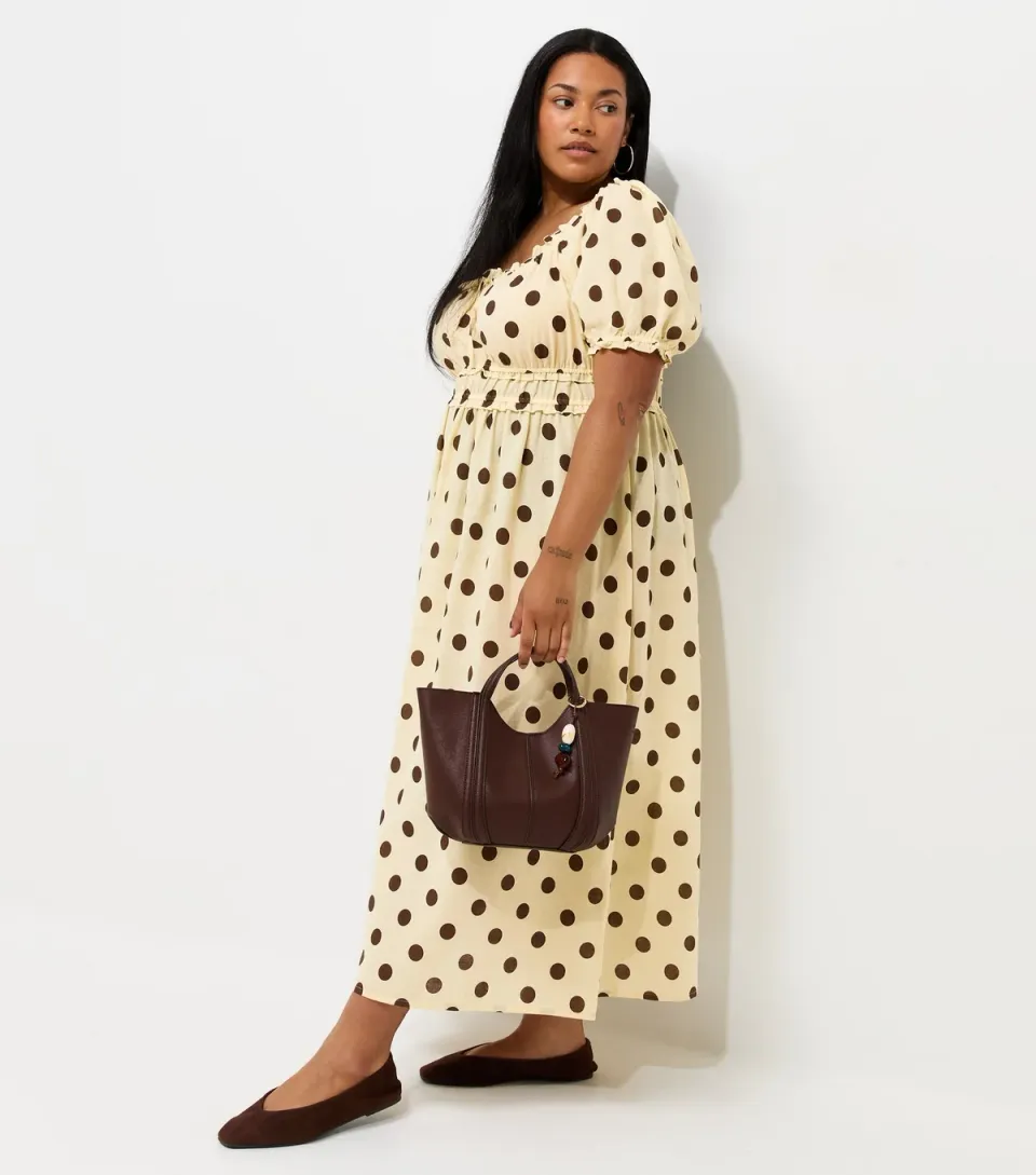 Women's Plus Size Yellow Cotton Polka Dot Milkmaid Midi Dress Curves