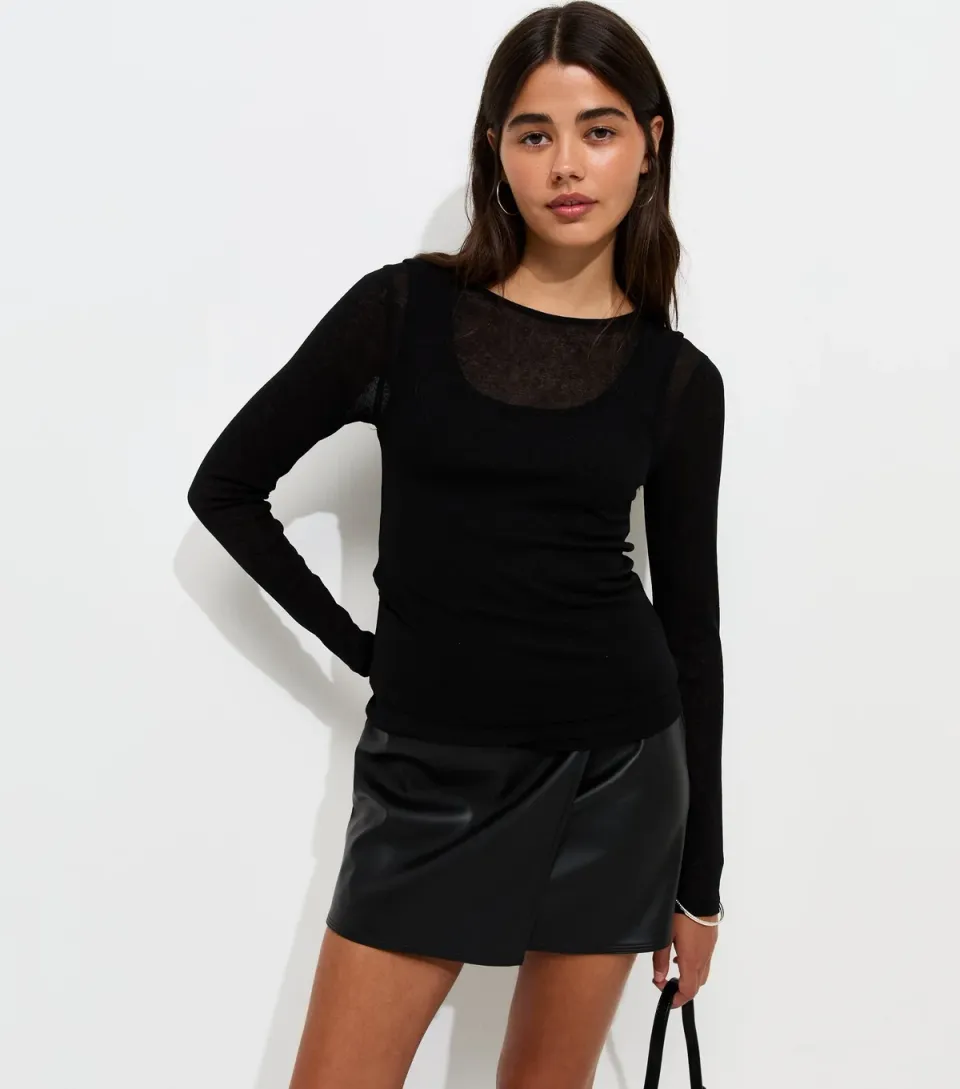 Women's Black Sheer Layered Tank Long Sleeve Top