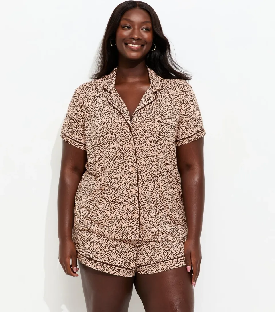Women's Plus Size Brown Leopard Print Revere Collar Pyjama Shorts Set Curves
