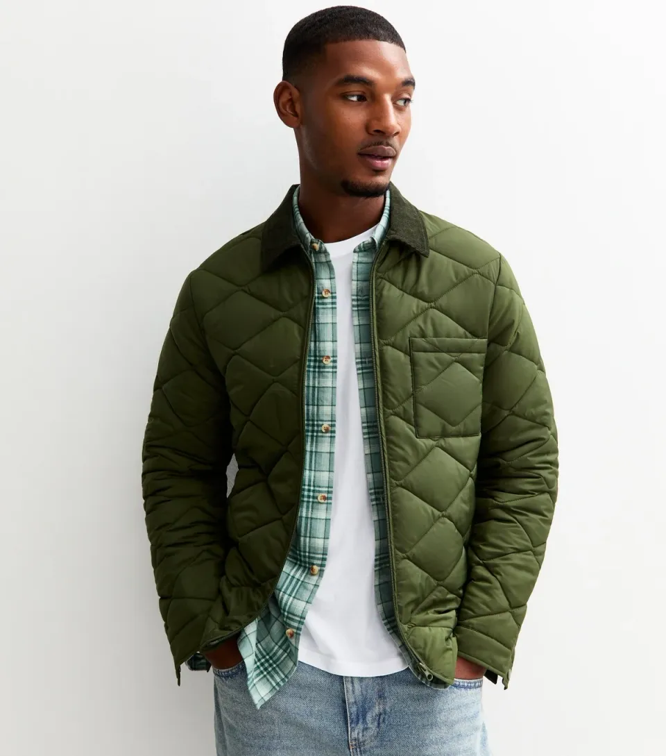 Men's Green Regular Fit Corduroy Collar Quilted Jacket