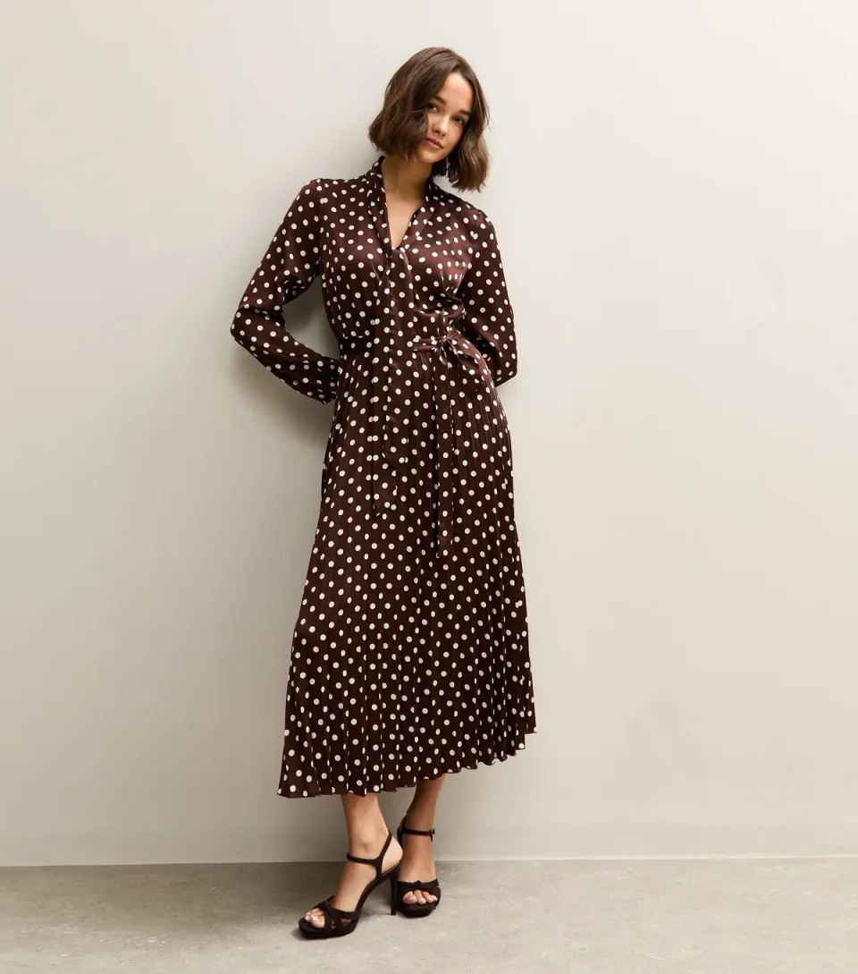 Women's Dark Brown Polka Dot Pleated Long Sleeve Midi Dress