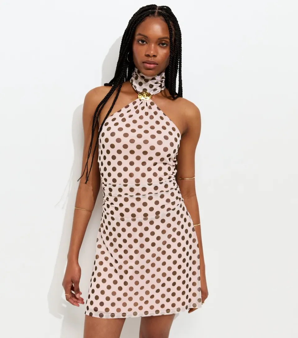 Women's Pink Polka Dot Halter Neck Mesh Mini Dress