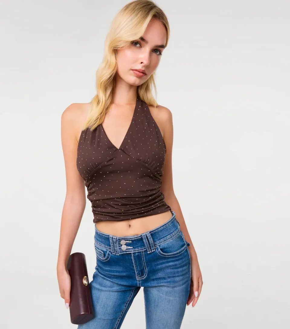 Women's Dark Brown Diamante Slinky Halter Neck Top