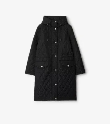 Quilted Nylon Hooded Coat in Black