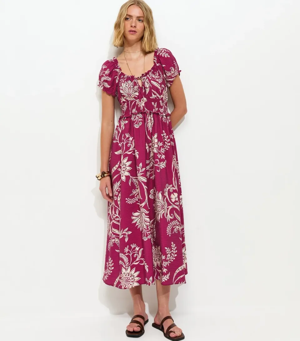 Women's Burgundy Leaf Pattern Shirred Midi Dress