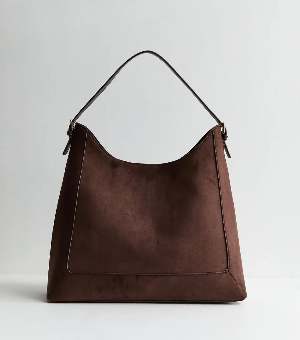 Dark Brown Faux Suede Scoop Top Tote Bag Vegan