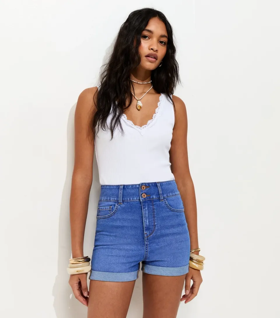 Women's Mid Blue High Waist Denim Shorts