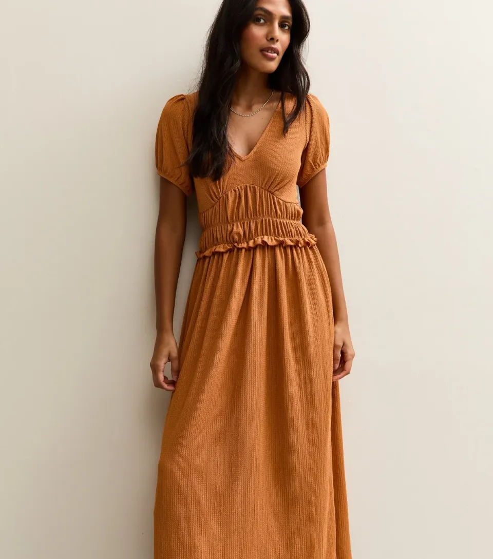 Women's Khaki Crinkled Texture Shirred Waist Midi Dress