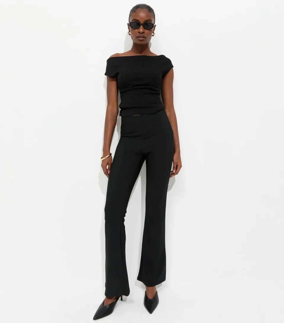 Women's Black Ribbed Flared Trousers