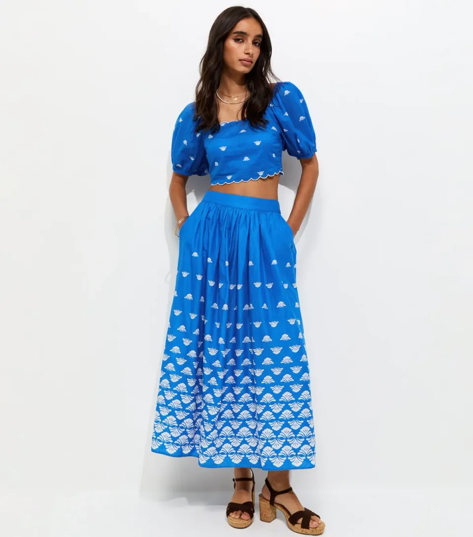 Women's Bright Blue Flower Print Gathered Midi Skirt