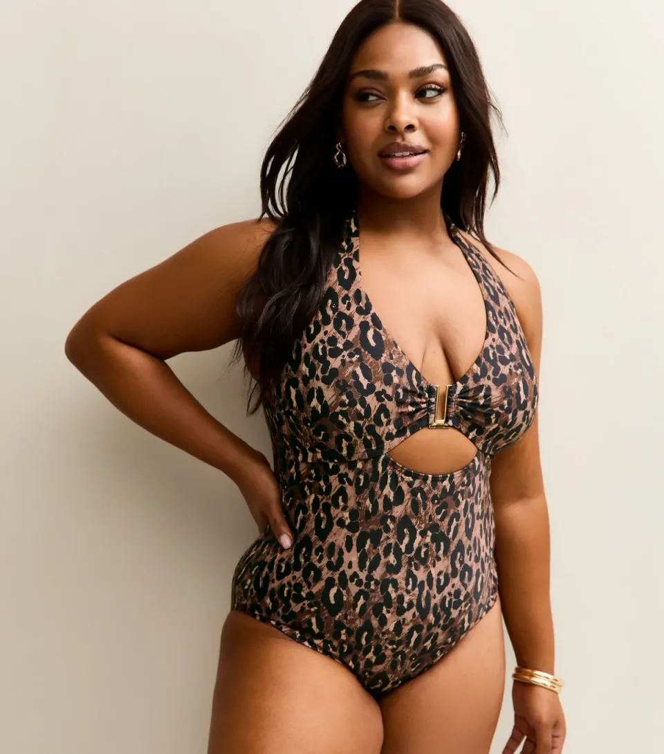 Women's Plus Size Brown Animal Print Halter Neck Swimsuit Curves