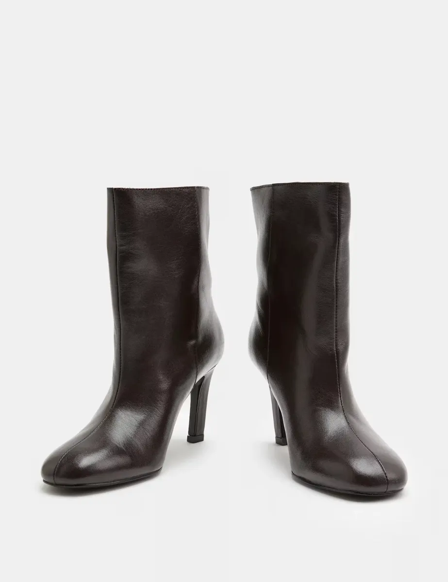 Leather Pull On Stiletto Heel Ankle Boots Brown