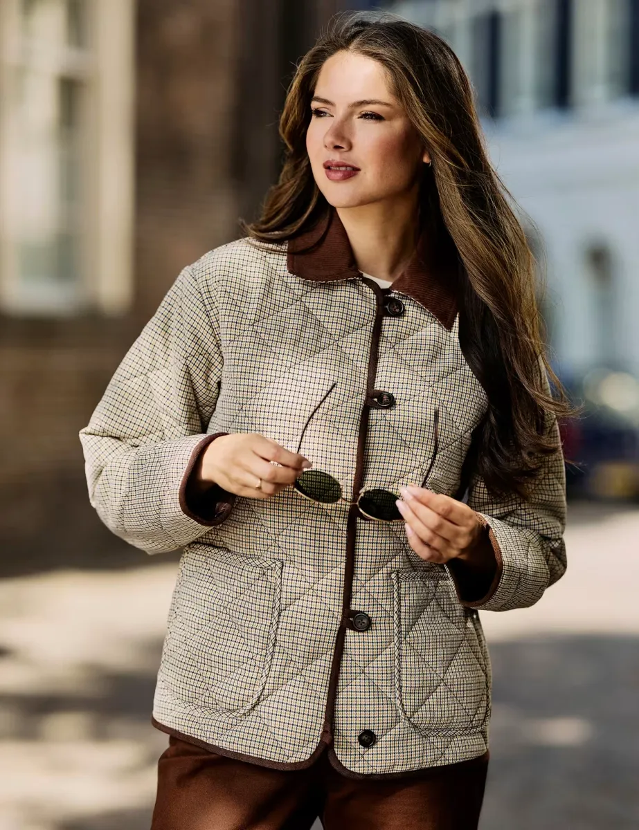 Checked Quilted Collared Jacket Beige Mix