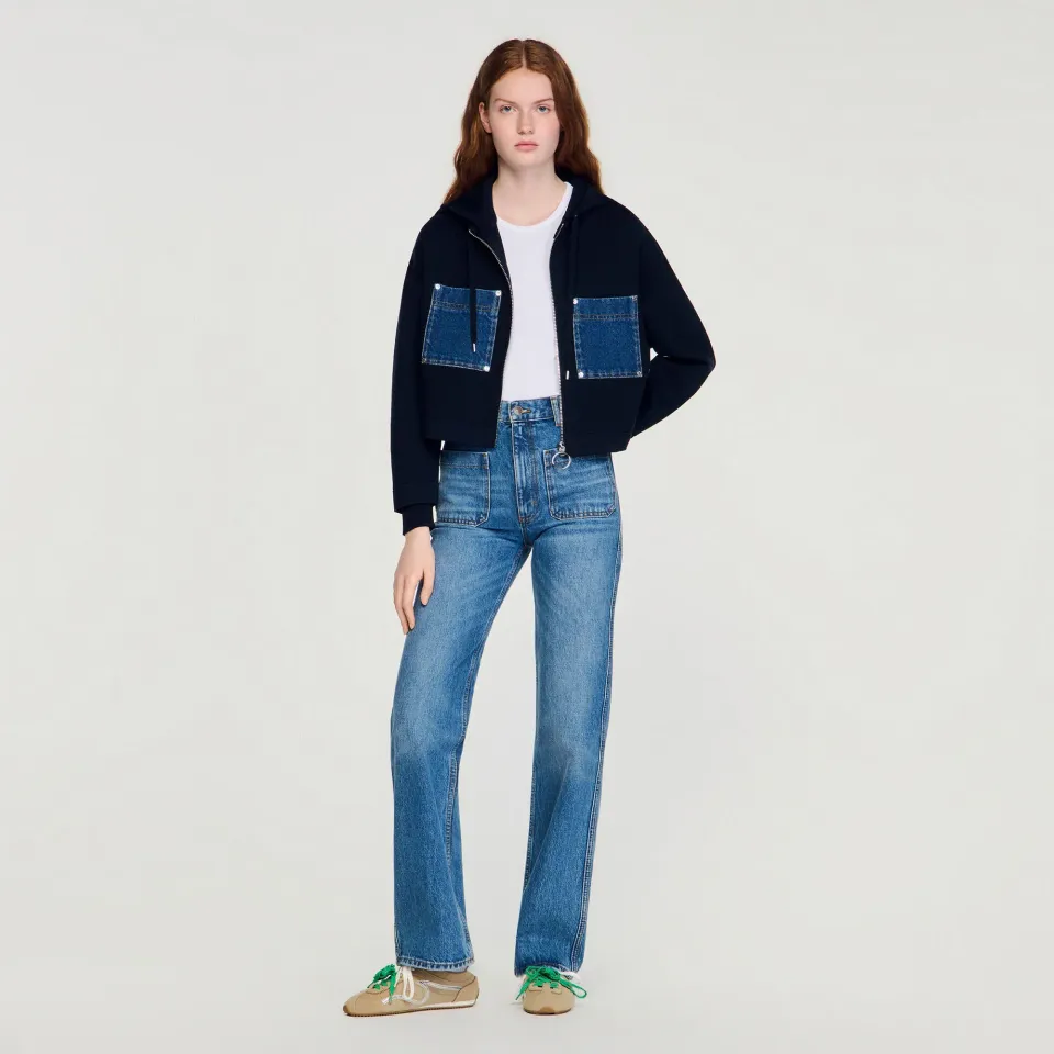 Knit and denim sweatshirt