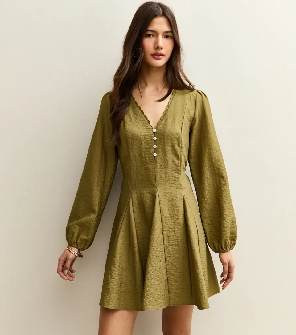 Women's Light Khaki Long Sleeve Godet Mini Dress