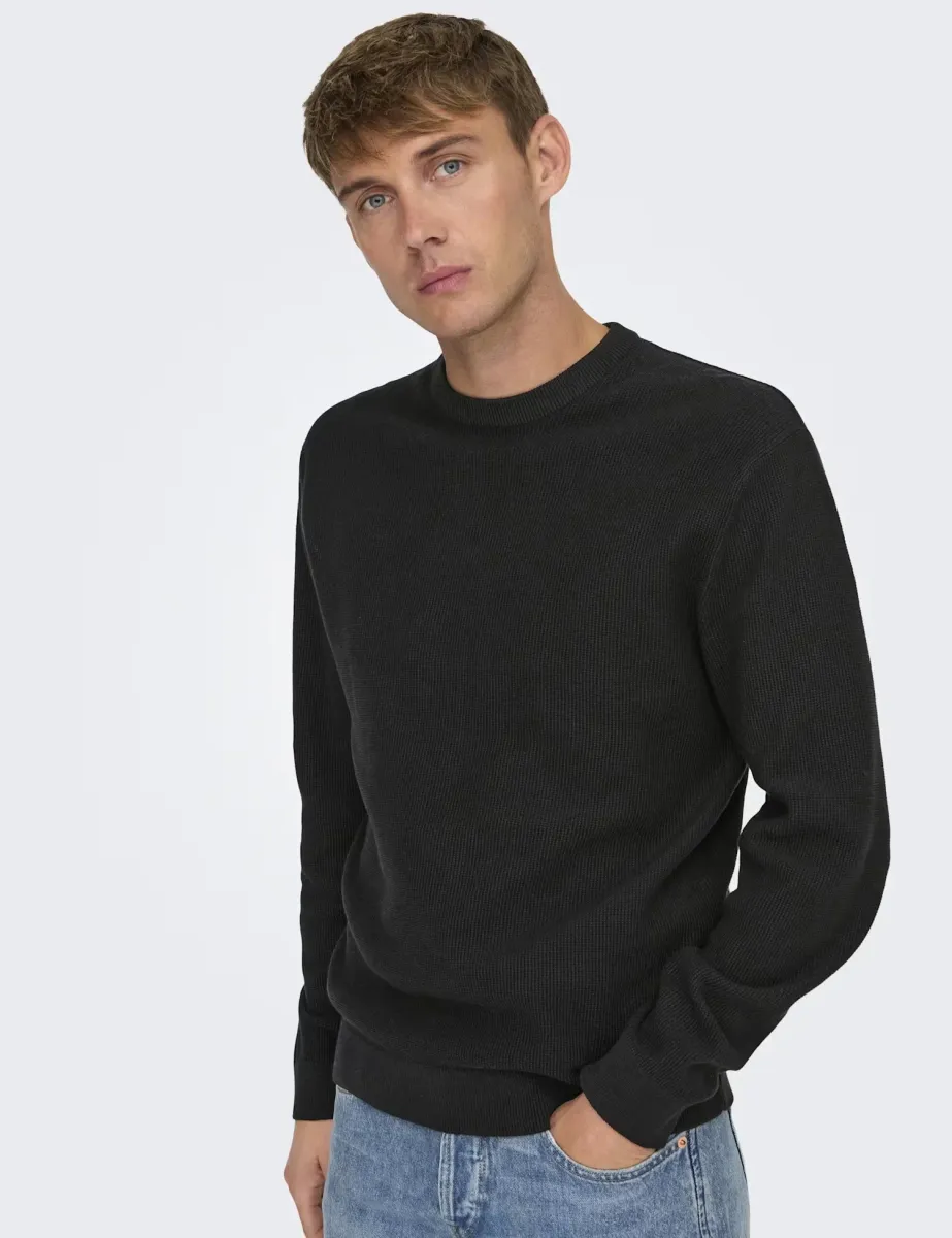 Pure Cotton Waffle Knitted Long Sleeve Top Black