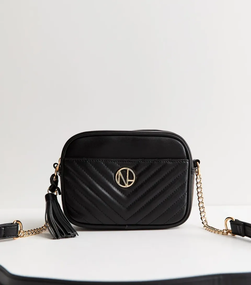 Black Faux Leather Quilted Front Pocket Crossbody Bag Vegan