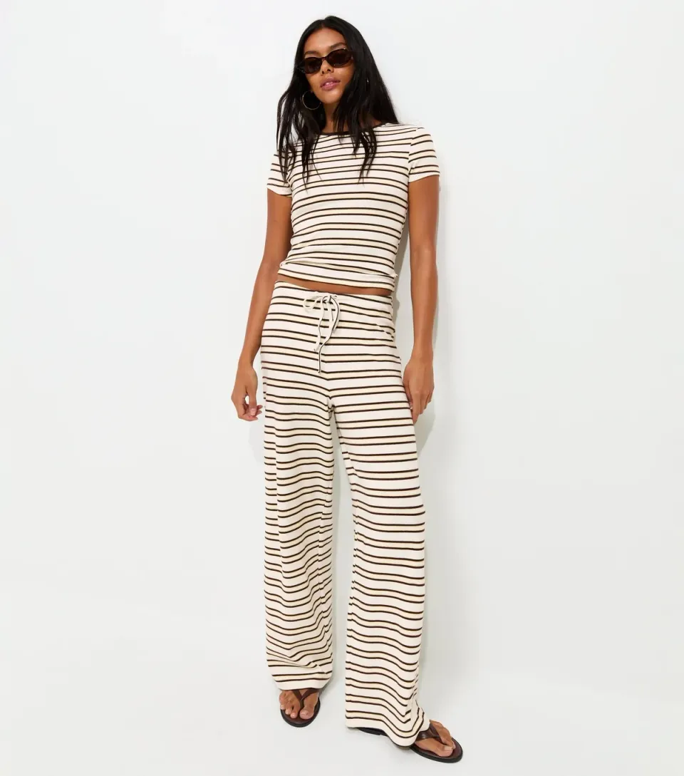 Women's Yellow Cotton Rich Striped Wide Leg Trousers
