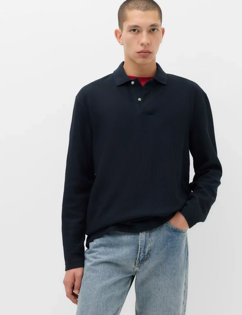 Cotton Blend Ribbed Long Sleeve Polo Shirt Navy