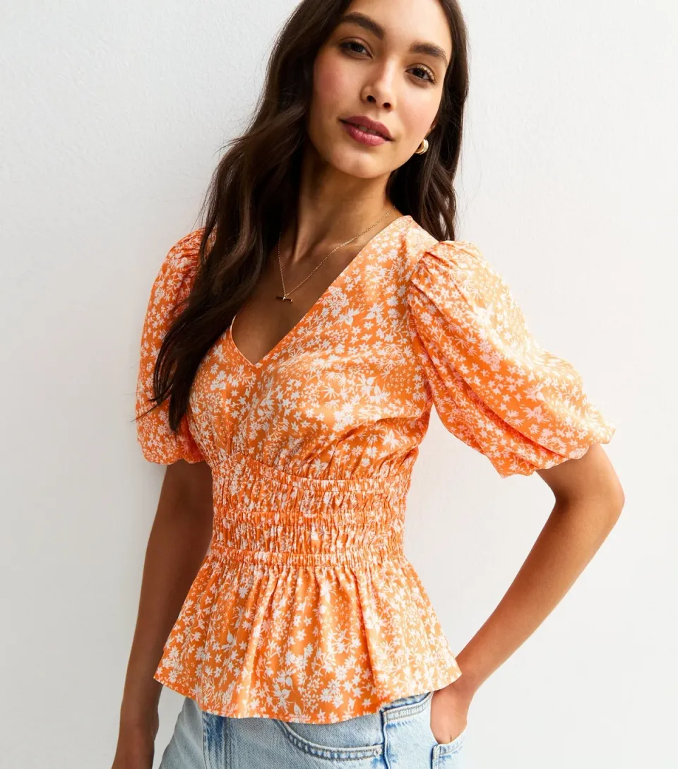 Women's Orange Floral Shirred Waist Blouse