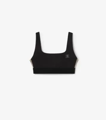 Check Trim Stretch Nylon Bra Top in Black