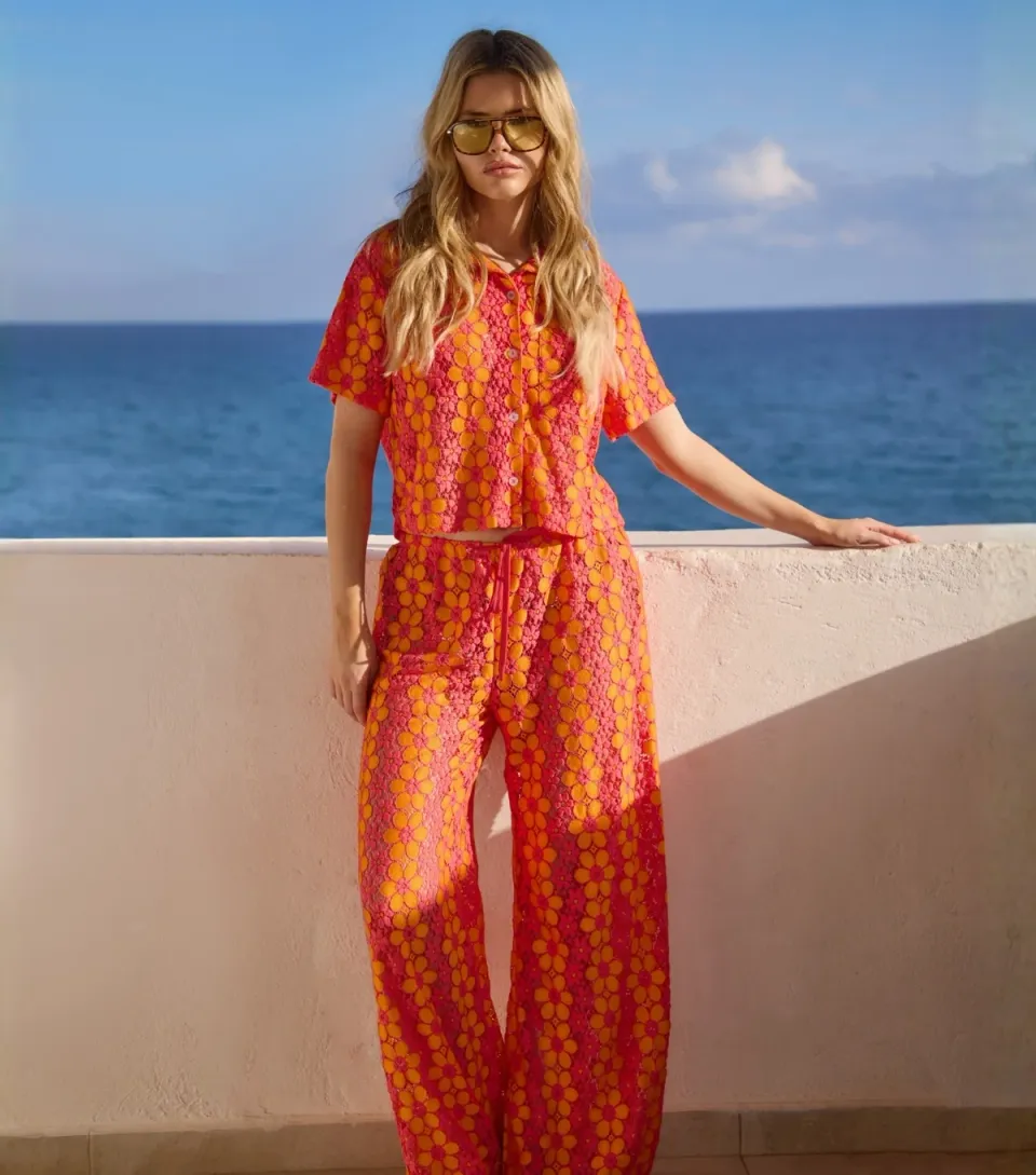 Women's Orange Floral Crochet Wide Leg Beach Trousers