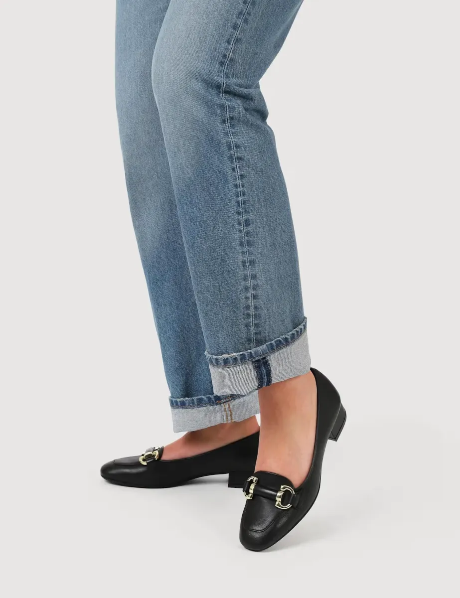 Leather Slip On Block Heel Court Shoes Black