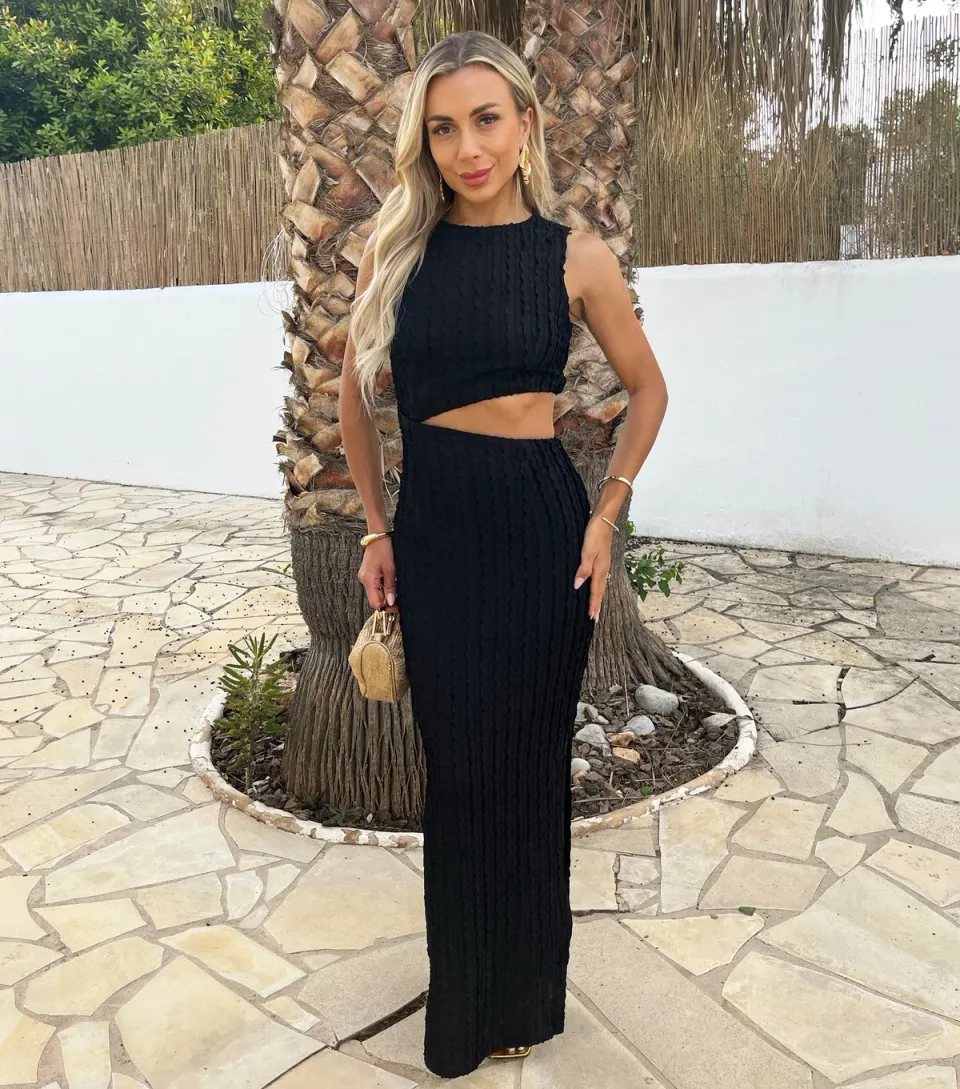 Women's Black Textured Cut Out Midi Dress