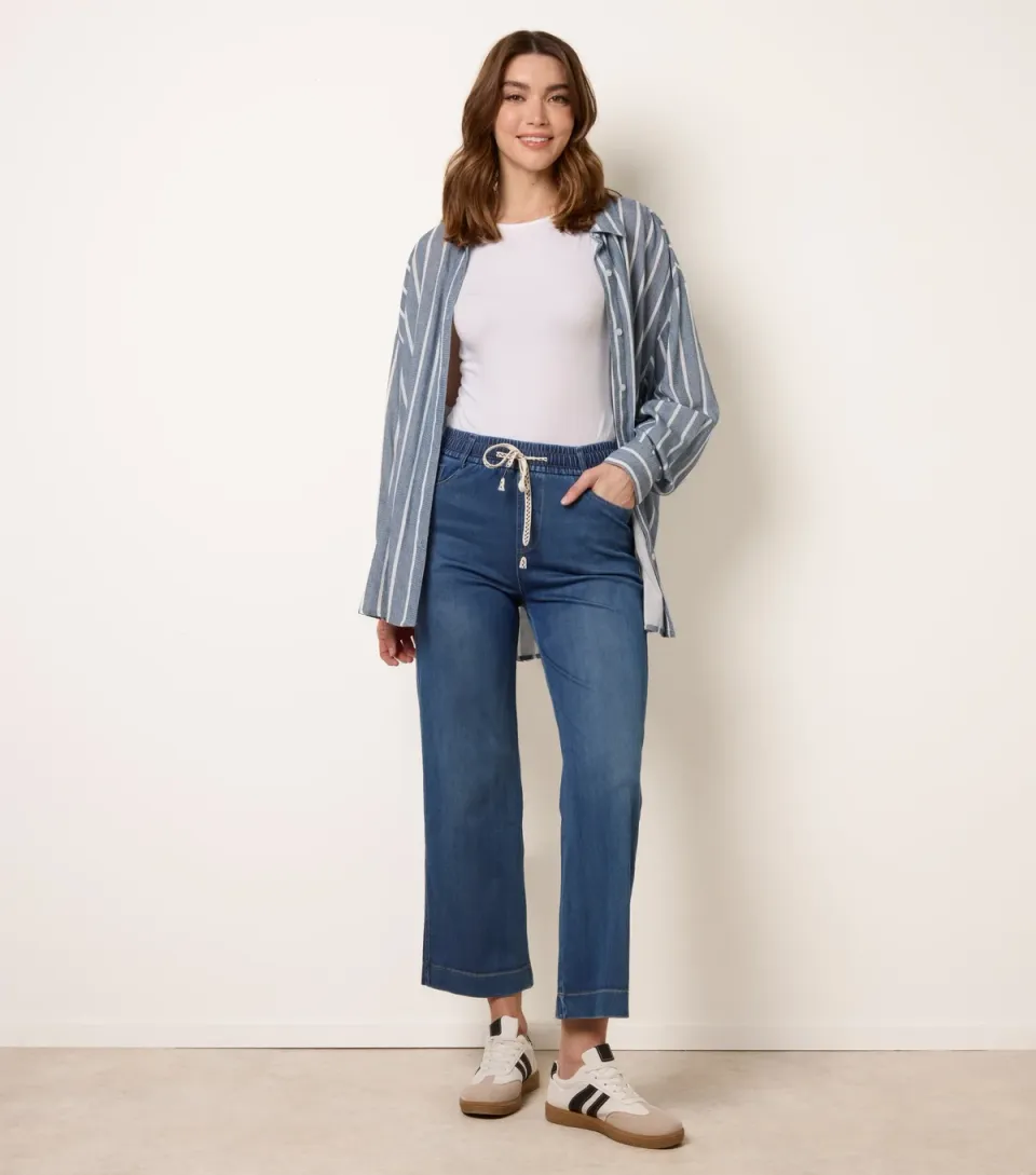 Women's Blue Cropped Drawstring Wide Leg Jeans