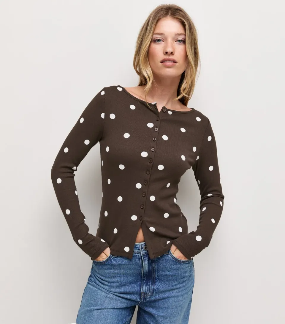 Women's Brown Cotton Rich Polka Dot Button Through Long Sleeve Top