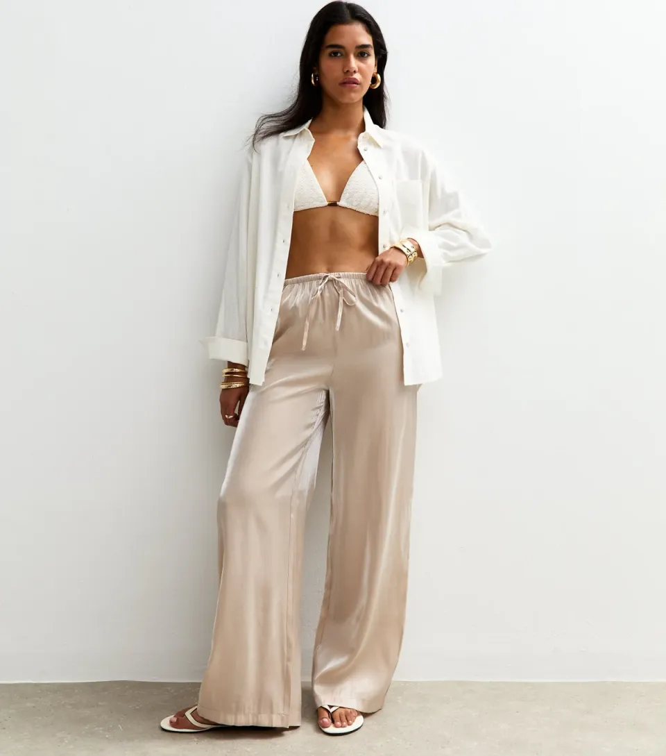 Women's Cream Shimmer Satin Wide Leg Trousers