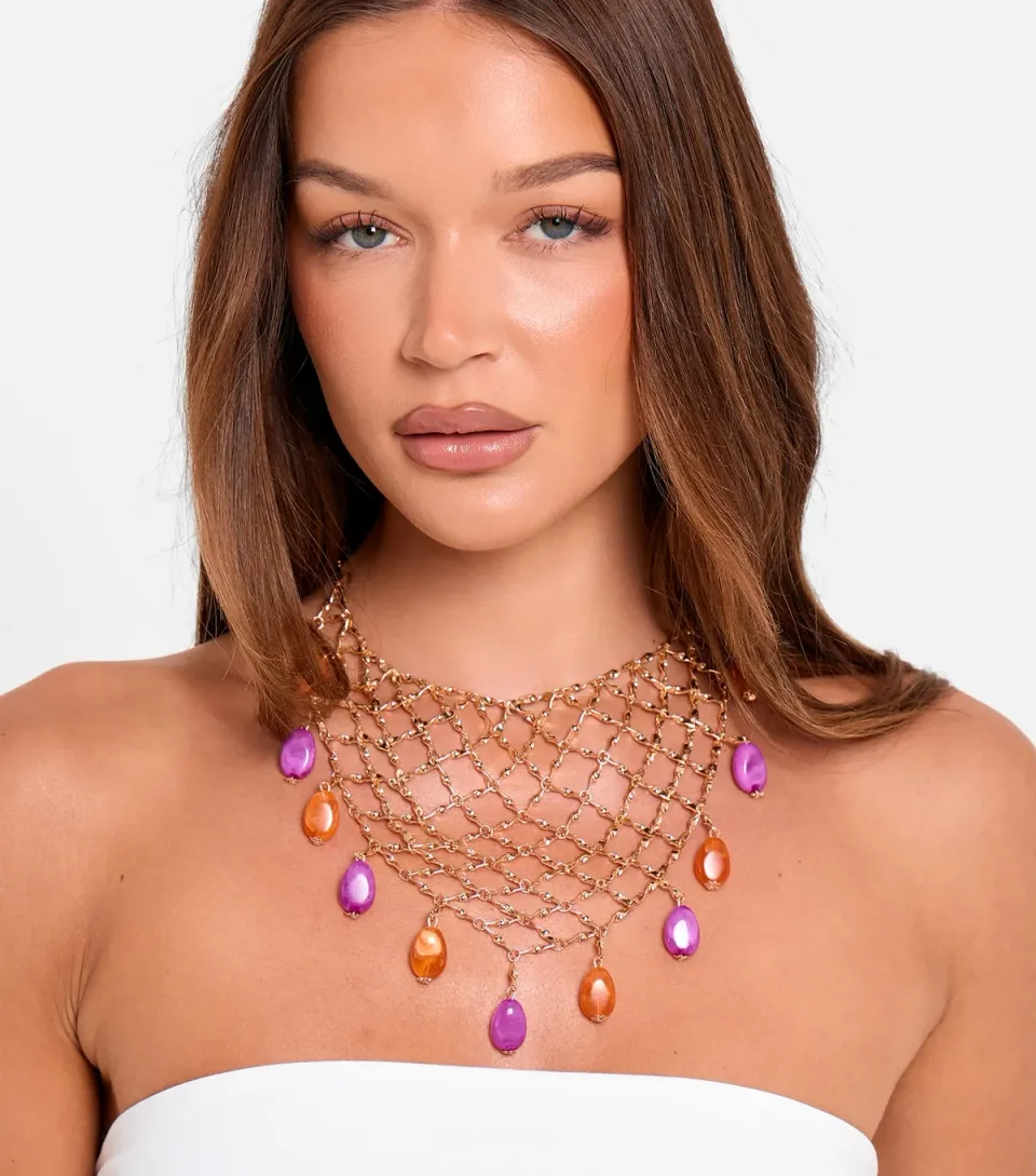 Gold Tone Beaded Chainmail Necklace