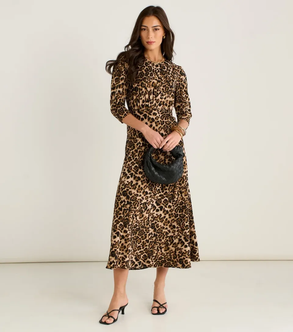 Women's Leopard Print 3/4 Sleeve Midi Dress