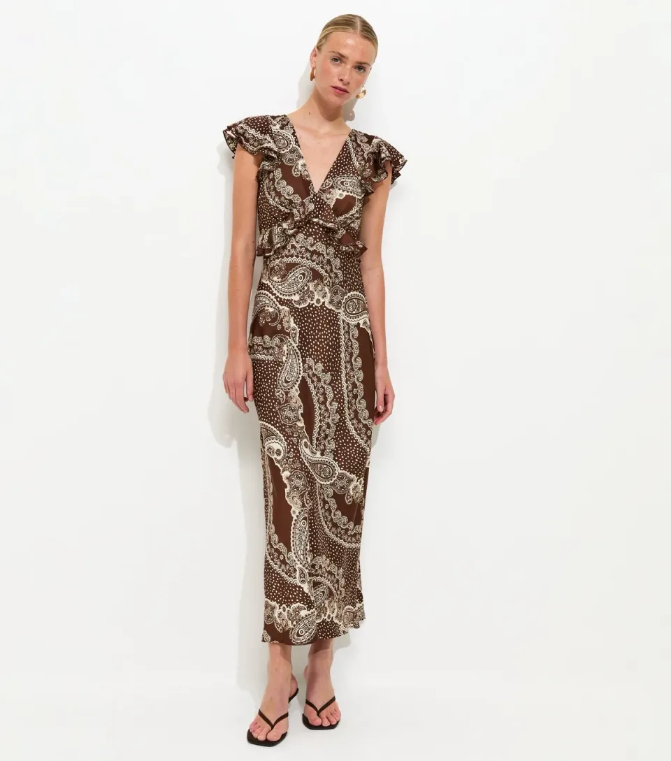 Women's Brown Satin Paisley Ruffled Trim Midi Dress