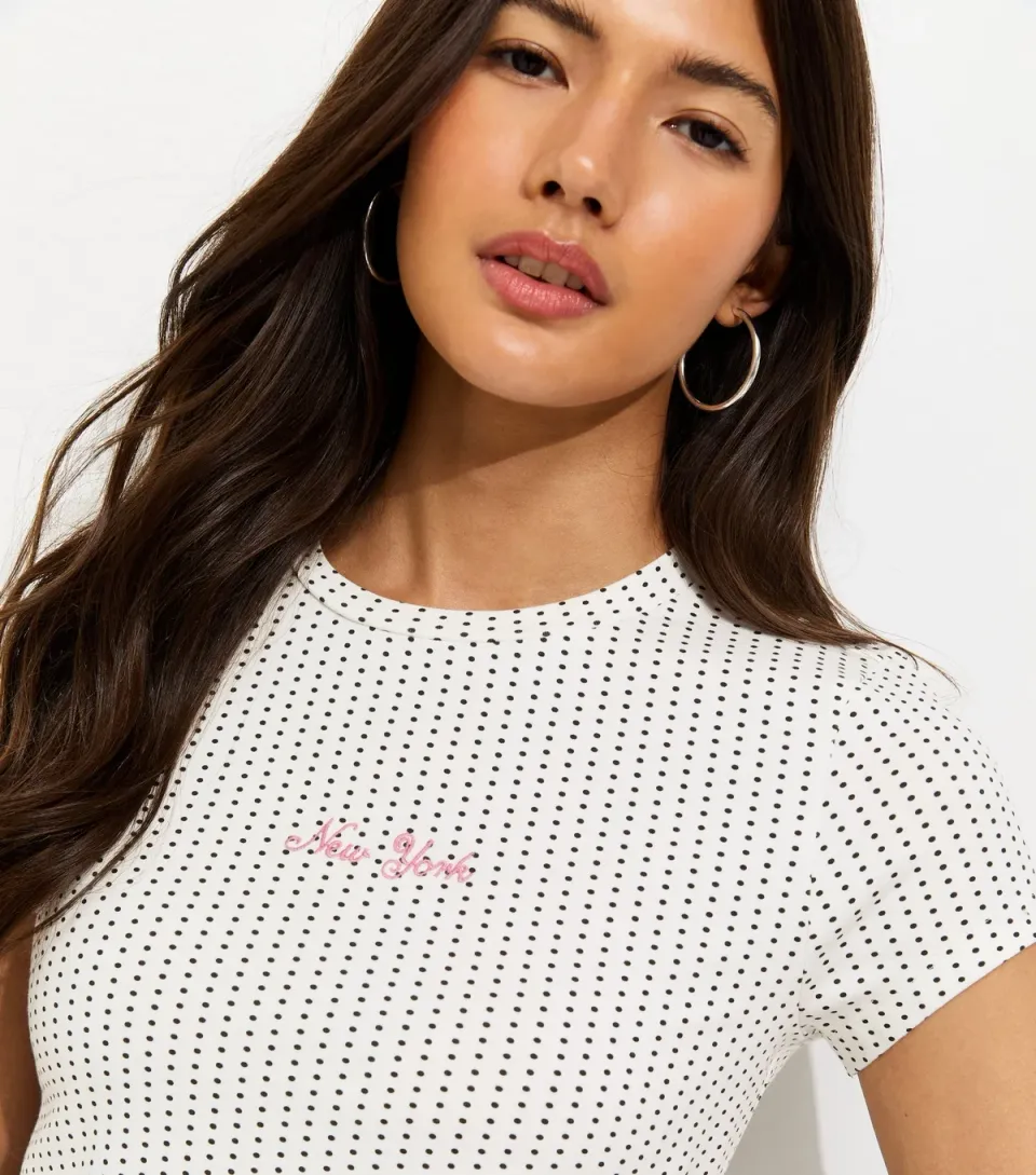 Women's White New York Embroidery Spot Print Baby T-Shirt