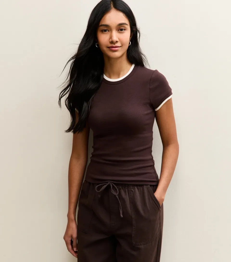 Women's Brown Contrast Edge Baby Tee