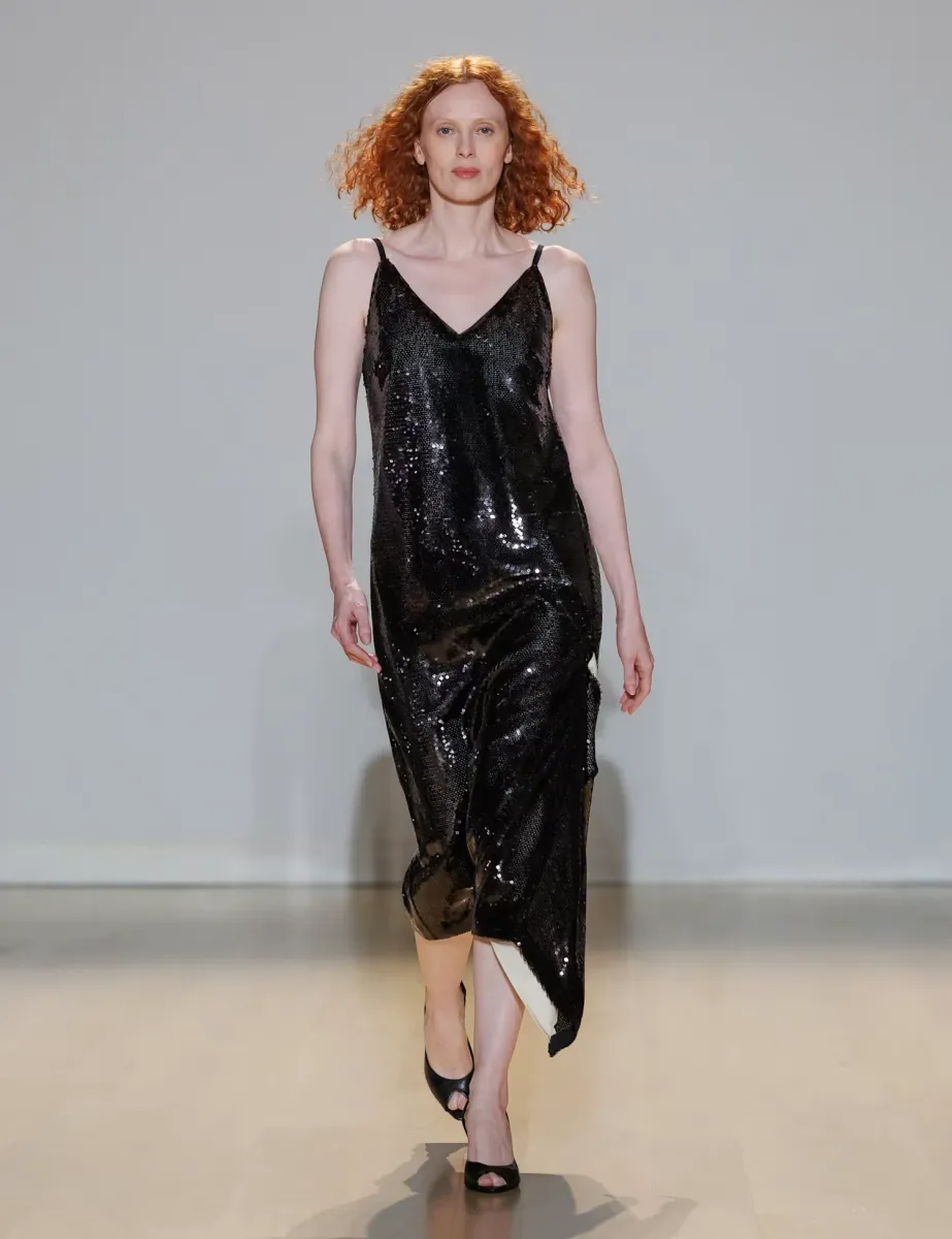 Sequin V Neck Frill Detail Midi Slip Dress Black