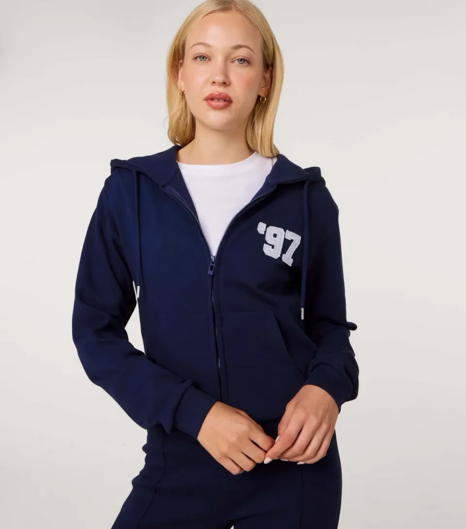 Women's Navy 1997 Embroidered Zip Crop Hoodie